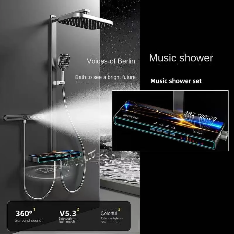 

Shower Showerhead Set with Bluetooth Speaker Digital Display LED Pressurized Showerhead System Set IPX4 Waterproof Performance