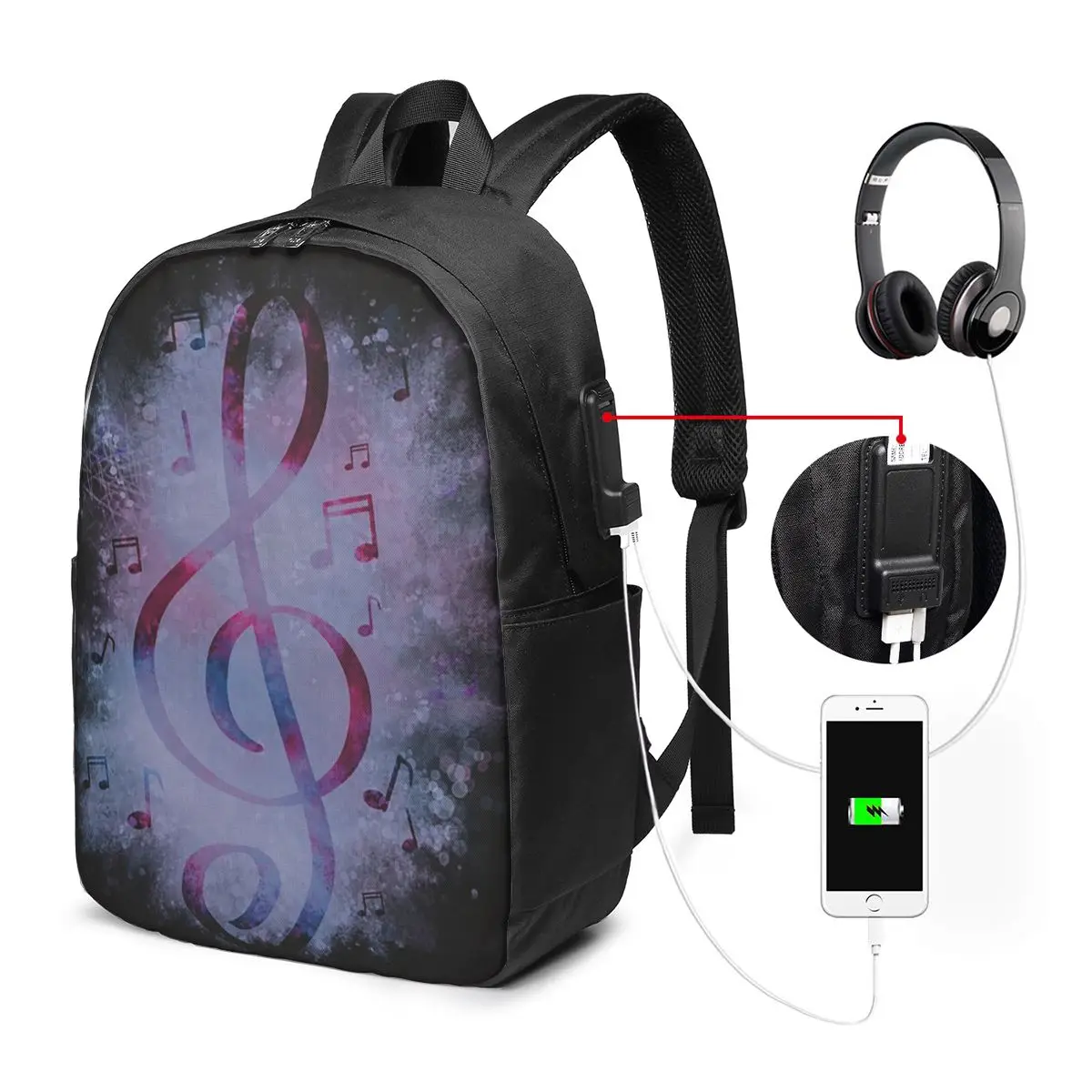 Music And Treble Clef Pattern In Purple Backpack Travel Notebook Bag Computer College Student School Bag Laptop Shoulder Bags
