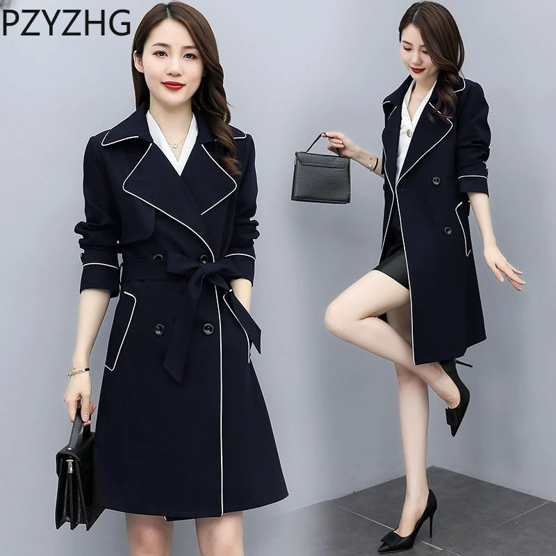 

High Quality Mid Length Trench Coats Office Belt Windbreaker Women Luxury Double Breasted Work Overcoat Spring Vetement Femme