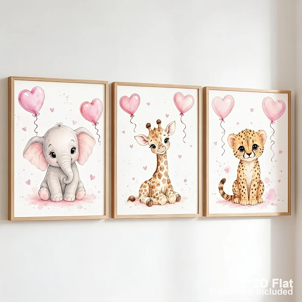 （NO Frame 3PCS）-2D Flat, Posters And Prints, Unframed Canvas Wall Art Set of 3 Pink Heart Balloon Safari Baby Animals Canvas