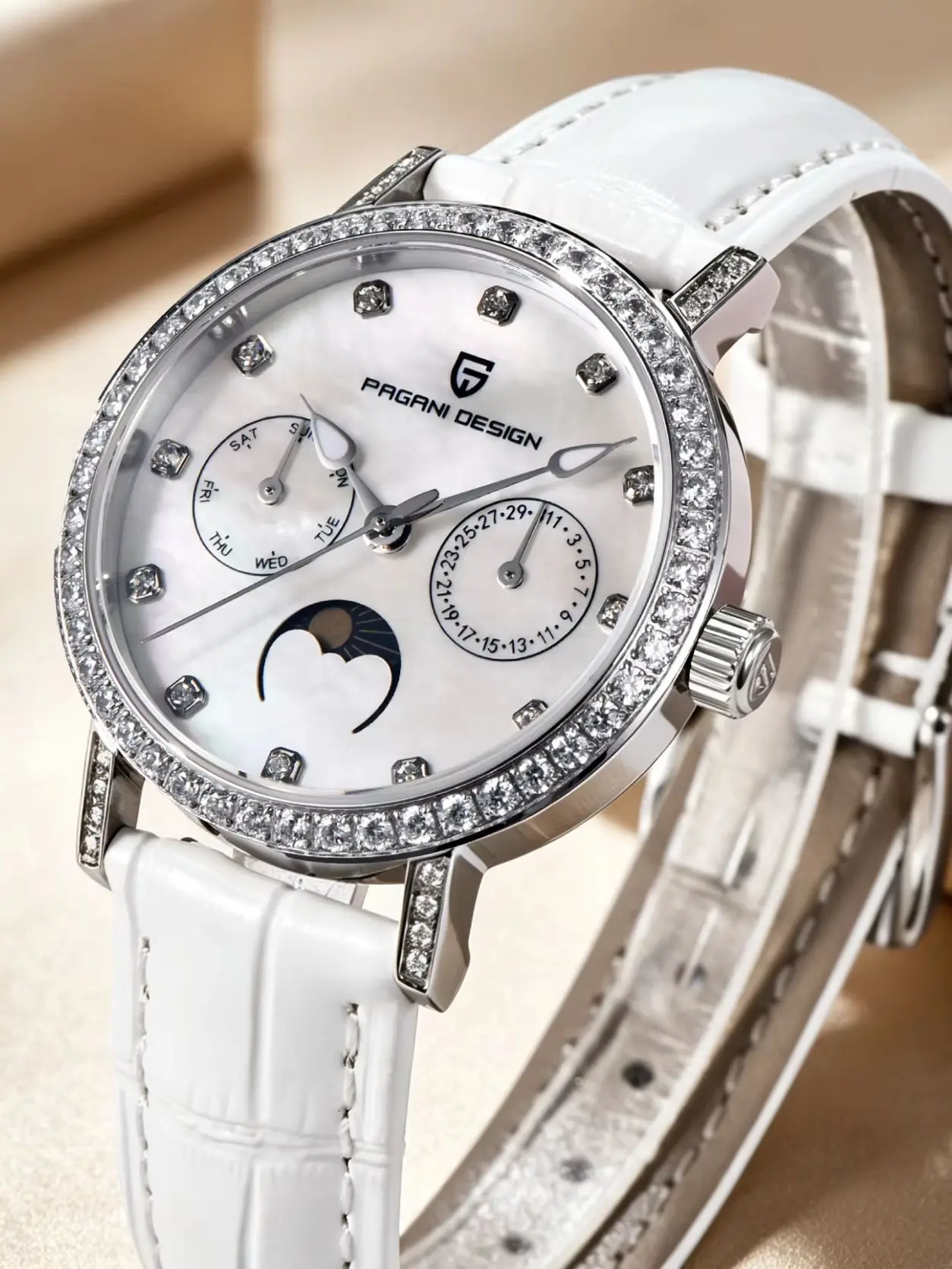 

PAGANI DESIGN Luxury Women's Watch PD1789 White Leather Strap Moon Phase Dial Diamond Bezel Best Gift for Her Valentine's Day