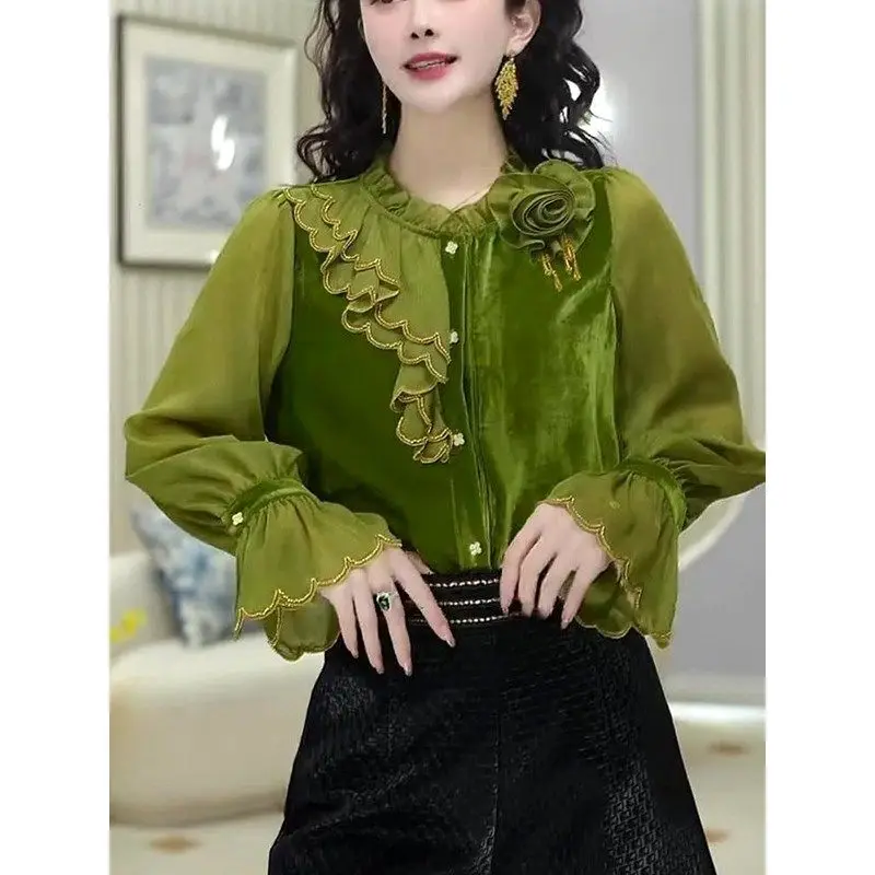 Autumn Women Atmosphere Salt Series Fashion Art Series Full Diamond Buckle Gold Sprout Green Top Wide Pine Forest Series Pure