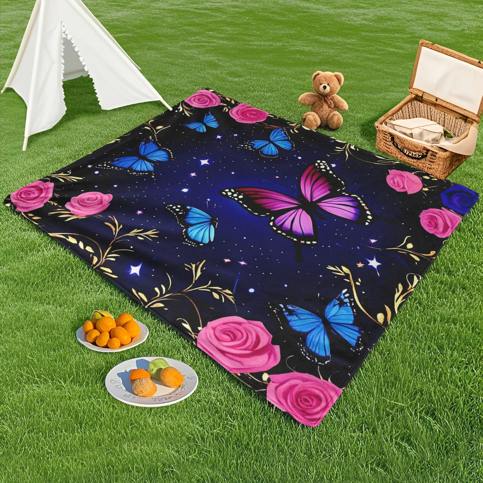 Elegant Butterfly And Rose Themed Outdoor Blanket With Stars On Deep Blue Background For Nighttime Picnics And Outdoor Fun