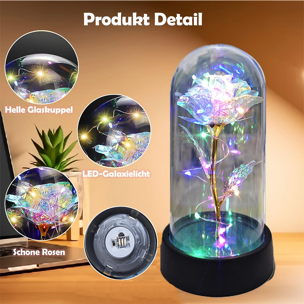 Cúpula de cristal de rosa roja con Base de madera, luz de ambiente cálido, pétalos de rosa roja de seda, multiusos para el hogar, regalo de oficina para mujeres y madres