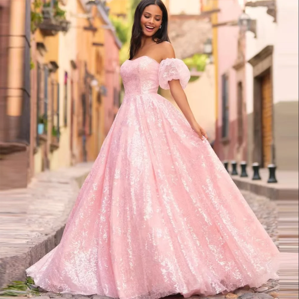 Off Shoulder Light Pink Sparkly Evening Dresses Short Sleeve Women Clothing A-line Print Prom Dress Open Back Birthday Dress