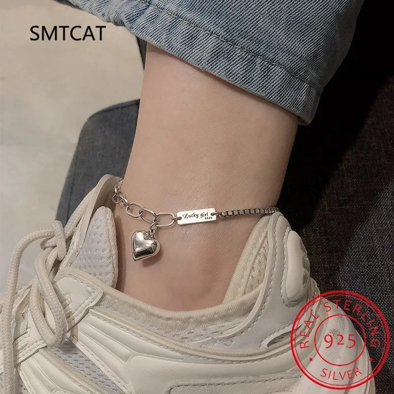 Fashion 925 Sterling Silver Summer Anklet Bracelet for Women Vintage Thai Silver LOVE Heart Pendant Lovely Girl Party Jewelry