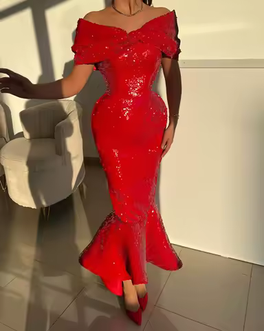 Red Full Sequins Mermaid Prom Dress Off Shoulder Sleeveless Ankle Length Formal Evening Dress Cocktail Party Dress Customized
