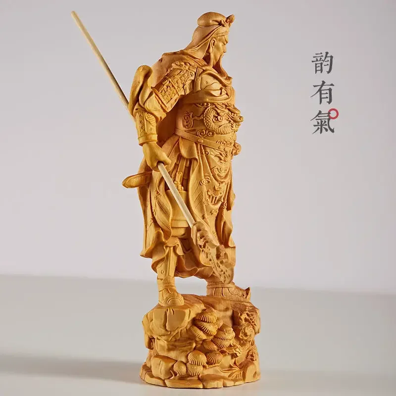 Boxwood ukiran Guan Gong pegangan bagian Yibo Yuntian Guan Yu patung Dekorasi kayu Solid diukir kekayaan dan keselamatan