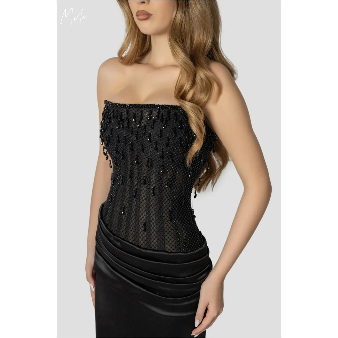 

Mila Black Strapless Gown Prom Dresses Mesh Beaded Bodice Satin Ruched Skirt Customized Formal Evening vestidos de gala 2025