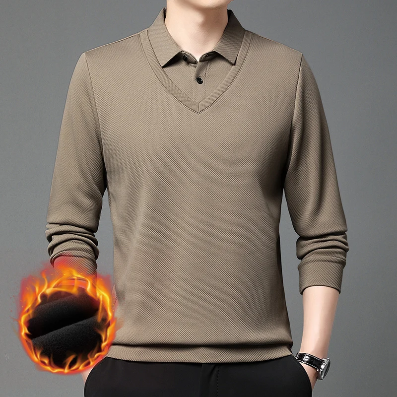 

2025Осенне-зимняя утолщенная бархатная мужская рубашка-поло из двух частей с ананасовой сеткой, мужская футболка с деловым воротником и длинными рукавами