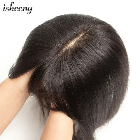 Isheeny 천연 블랙 인모 토퍼, 통기성 모노 베이스, 헤어 조각 주입, 헤어 네트 탑 가발 클립, 12x13cm, 8 인치, 12 인치