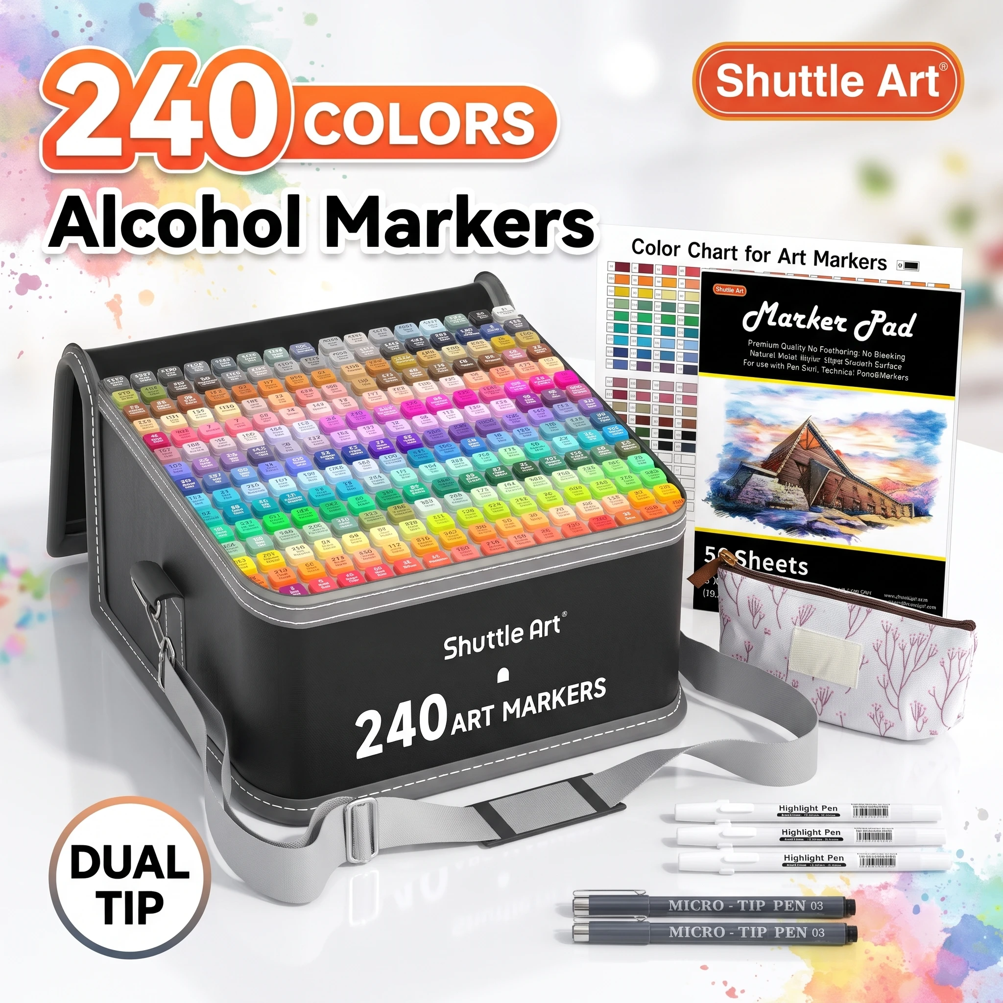 Shuttle Art 240 Colors Alcohol Markers, 239 Colors Dual Tip Art Marker Set Plus Colorless Blender, Micro-tip Pens, White Highlighter Pens, Marker Bag with Holders Perfect for Students Adults Coloring