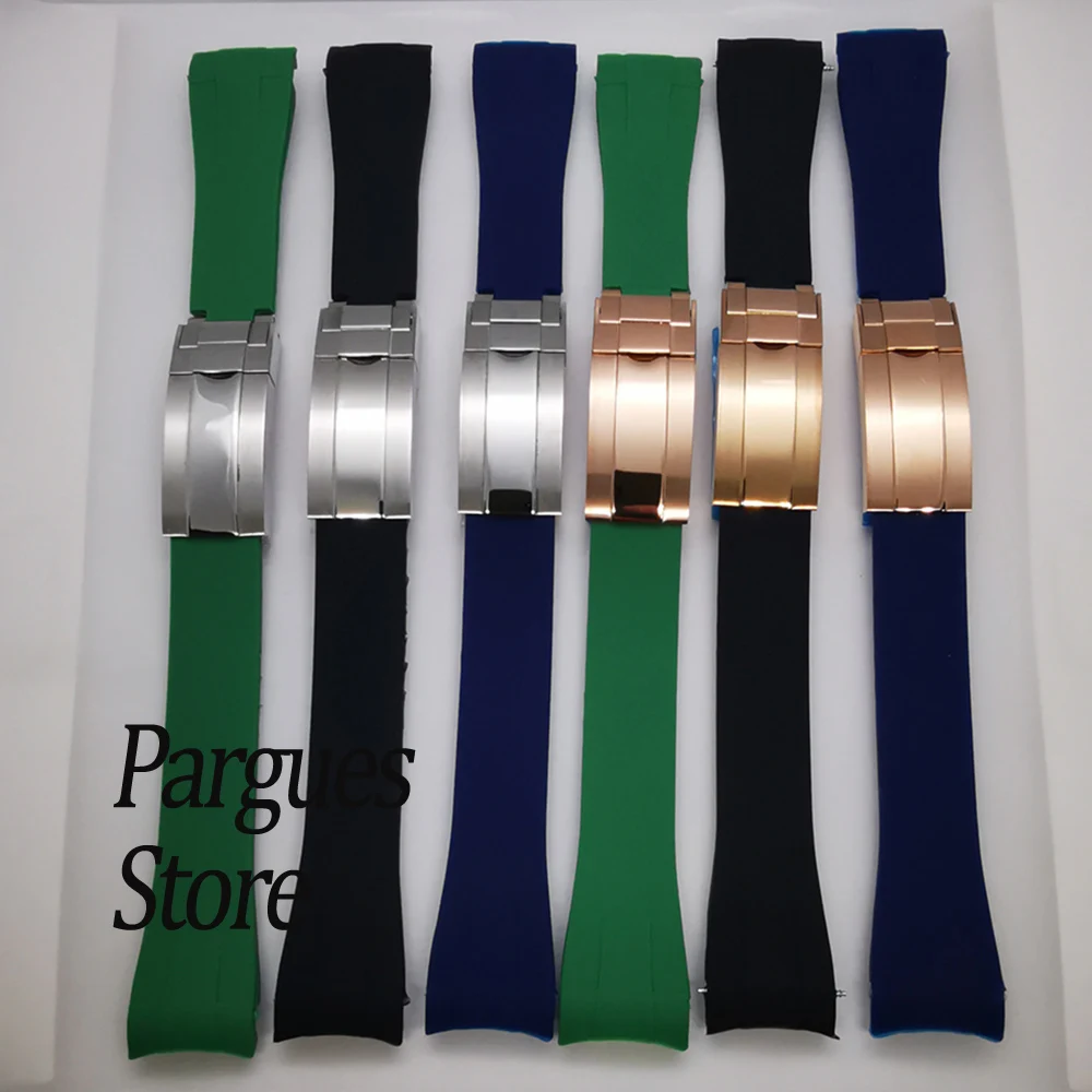 20mm black blue green rubber watch strap with stainless steel silver/rose gold/black buckle