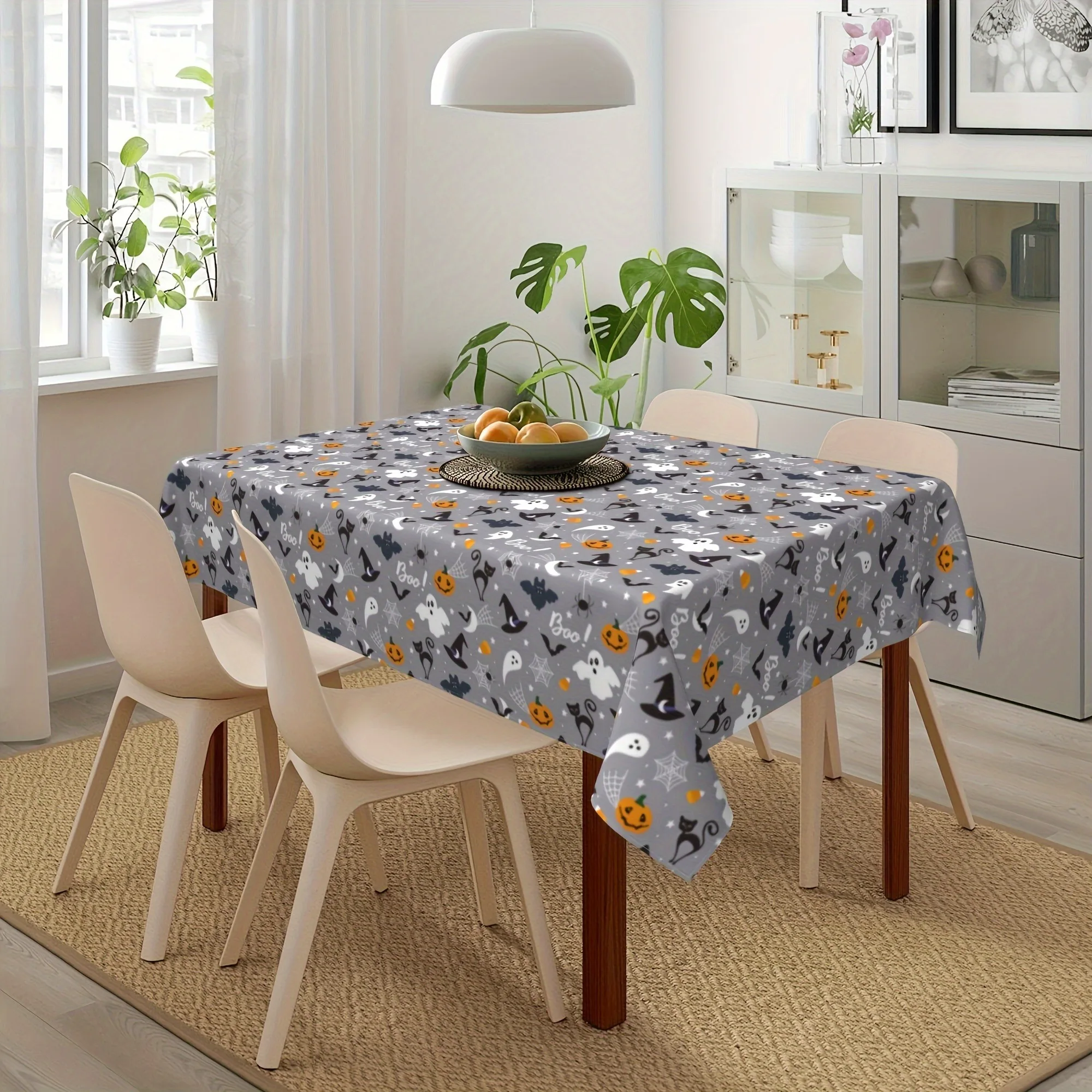 1pc Halloween Tablecloth, Spill-Proof, Orange and Black, with Naughty Pumpkins, Bats, Ghosts, and Witch Hats, Perfect for Gather