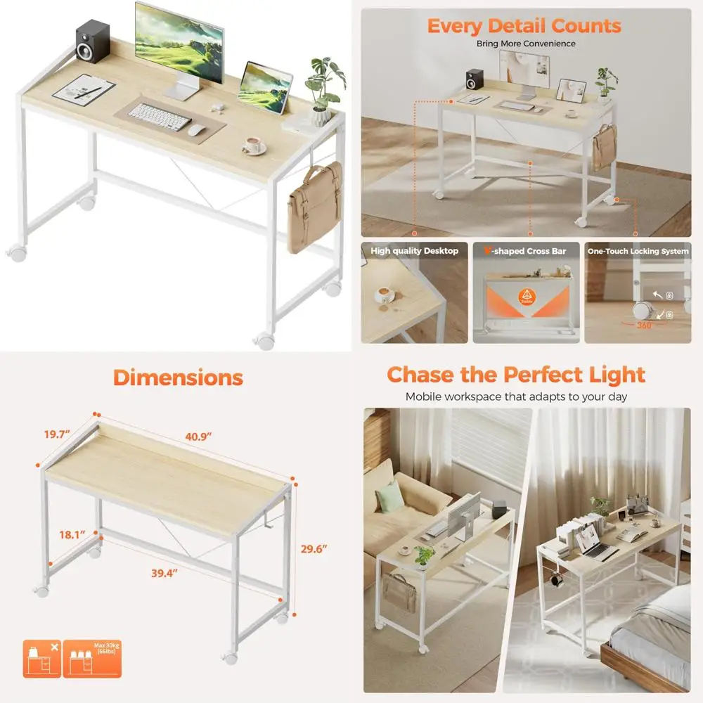 مكتب ألعاب مدمج بعجلات للمساحات الصغيرة، مكتب مكتب منزلي على الطراز الحديث، مثالي للدراسة والكتابة