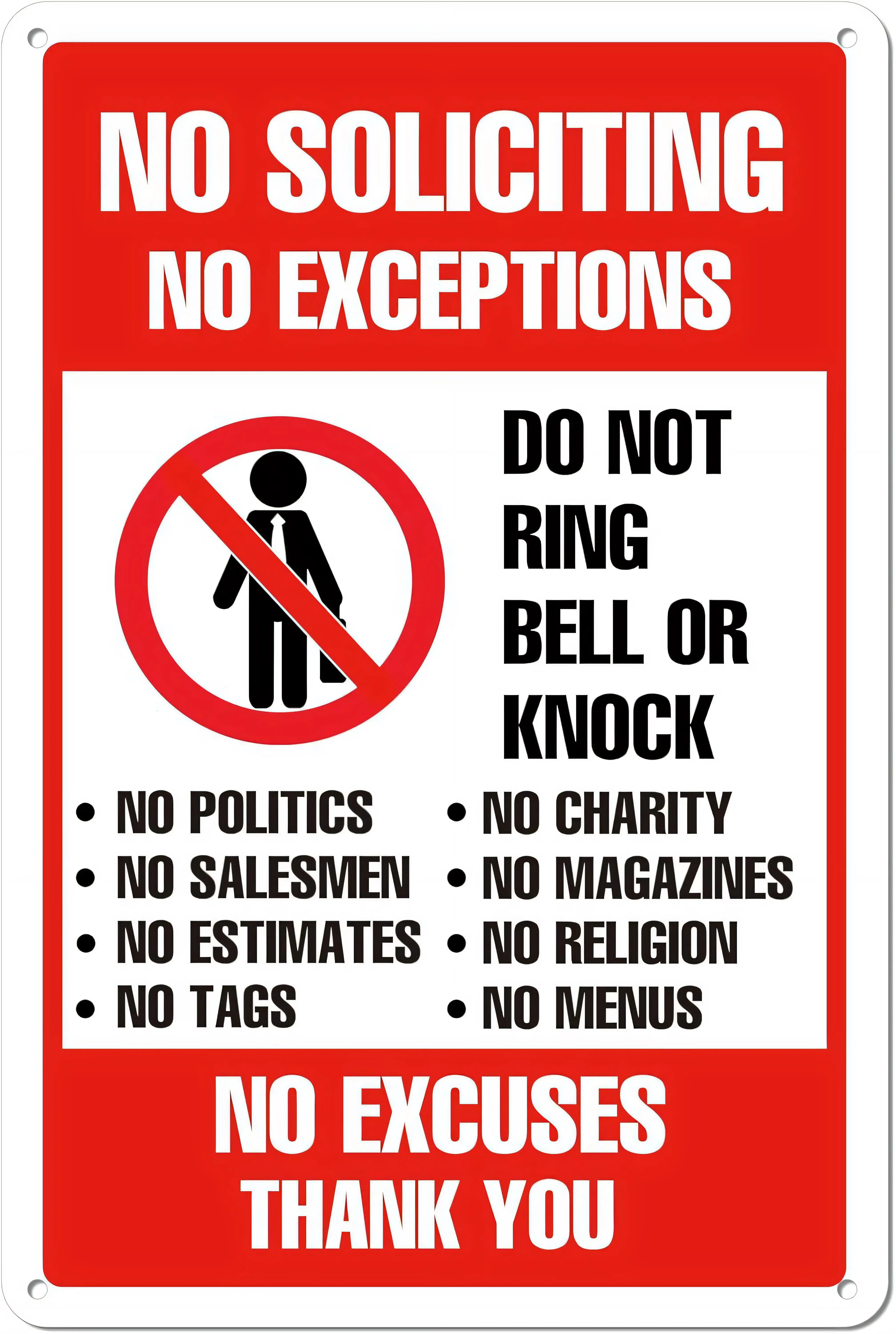 No Soliciting No Exceptions Do Not Ring Bell or Knock Aluminum Tin Sign Poster for Home Office Business Wall Decor
