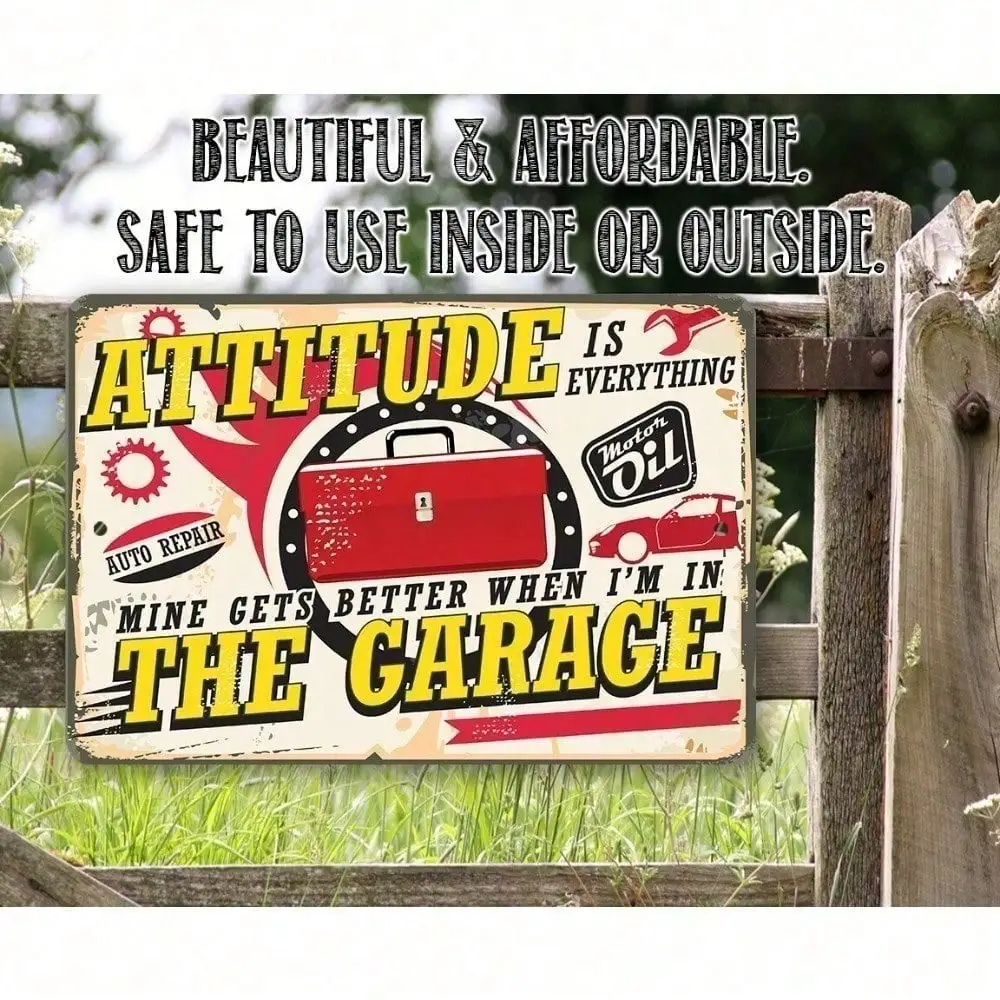 CIFBUY Attitude Gets Better In Garage Funny Aluminum Wall Art Waterproof Durable Metal Sign for Man Cave Workshop Decor
