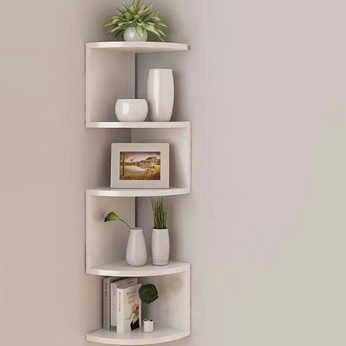 5-stöckiges Eck-Wandregal, Boho-Stil Holz-PVC Aufbewahrungsregal für Zuhause