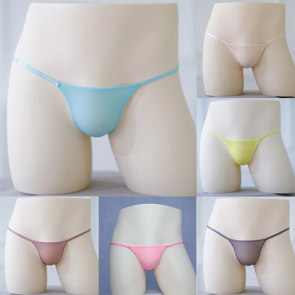 Tangas masculinas de seda de gelo T-Back, Lingerie Sexy quente, roupa interior elástica masculina, beachwear pura, bolsa tanga, biquíni, quente