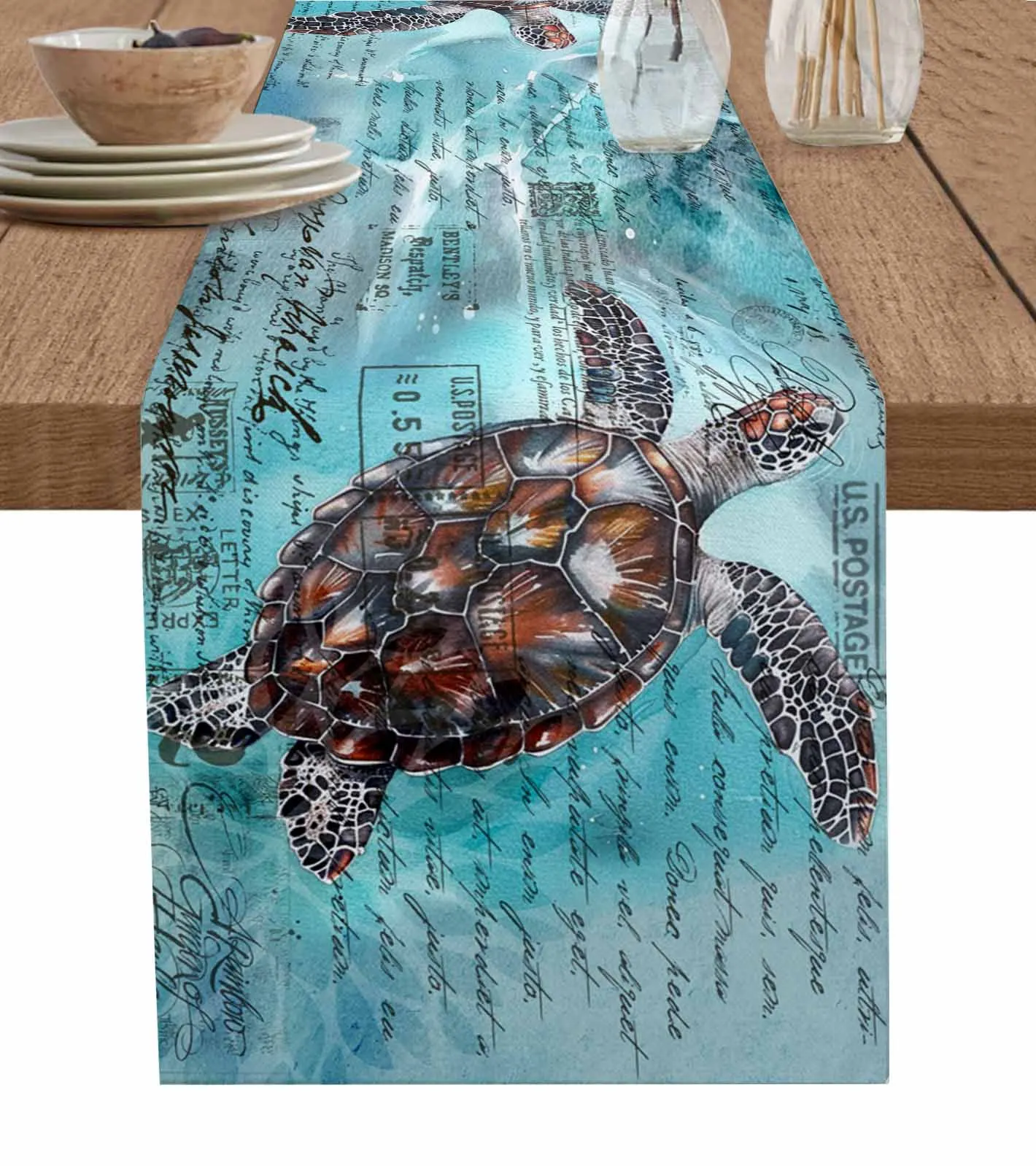 

Summer Ocean Turtle Watercolor Retro Table Runners for Dining Room Home Decoration Tablecloth 4/6 Pcs Placemats Table Cover