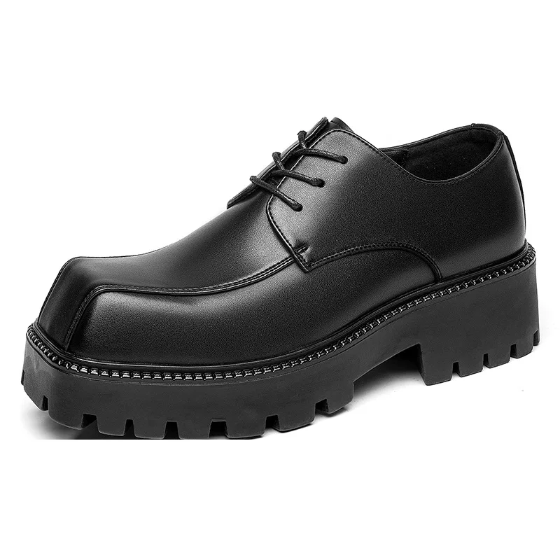 Men Leather Shoes 2023 New Trend Thick Sole Casual British Business Square Head