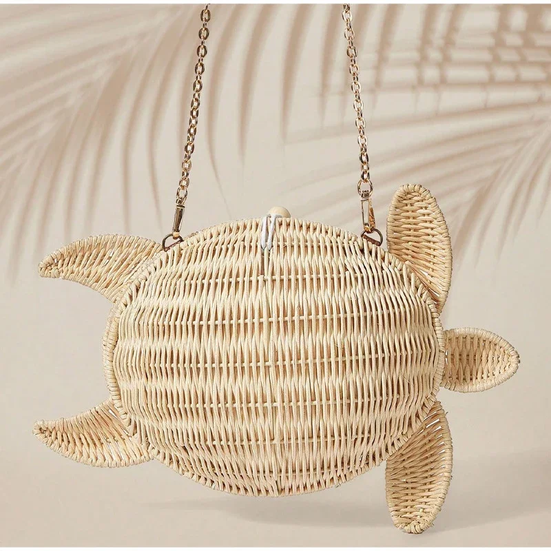 Schildkrötenförmige Rattan-Gewebte Umhängetasche mit Kettenriemen, Handgefertigte Stroh-Strandtasche, Damen Sommer-Abendtasche – Detail 15