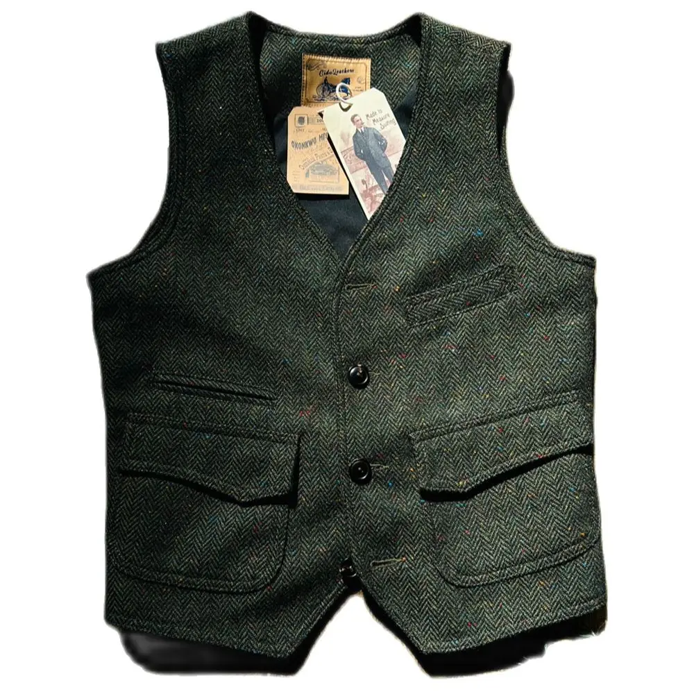 Men\'s Tweed Wool Waistcoat V-neck Slim Fit Color Point Classic Gentlemen Style Vintage Vest