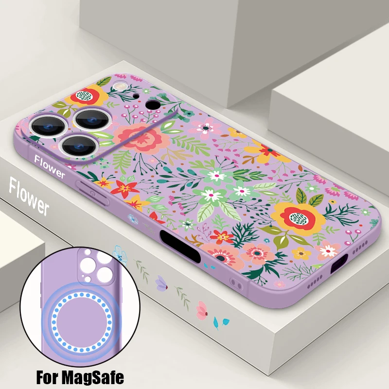 Coque de téléphone magnétique à motif floral romantique pour iPhone 17e 17 16 15 14 13 Pro Max 16e 13 compatible avec la charge sans fil MagSafe, coque souple