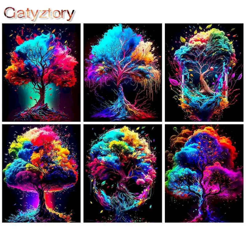 

GATYZTORY Oil Painting By Numbers Paint Kit Colorful Trees Coloring By Numbers Personalized Gift Wall Art Adults Crafts For Kids