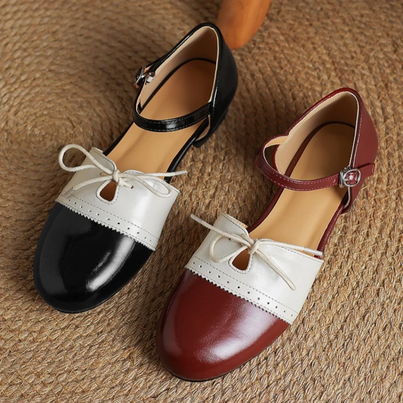 Retro Burgundy Low Heel Pumps Women Fashion Mixed Colors Blocking Sewing Ankle Buckle Designer Shoes Elegant Comfort Dress Shoes