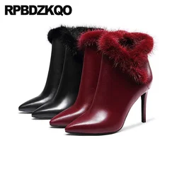 Small Size Women 42 33 Pointy Toe Burgundy Pumps Ankle Shoes Large Fur High Heels Thin Zip Up Mink Boots Booties Genuine Leather