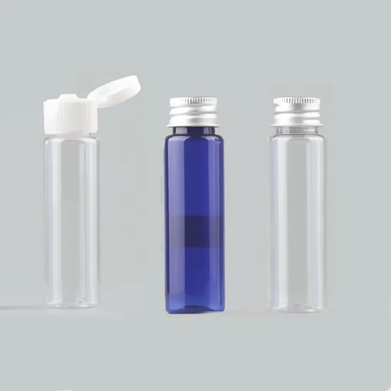 4/8oz 30/100/150/200/250ml empty clear/blue Cylinder round Plastic pet bottle with plastic/aluminum screw ,flip disc top cap lid