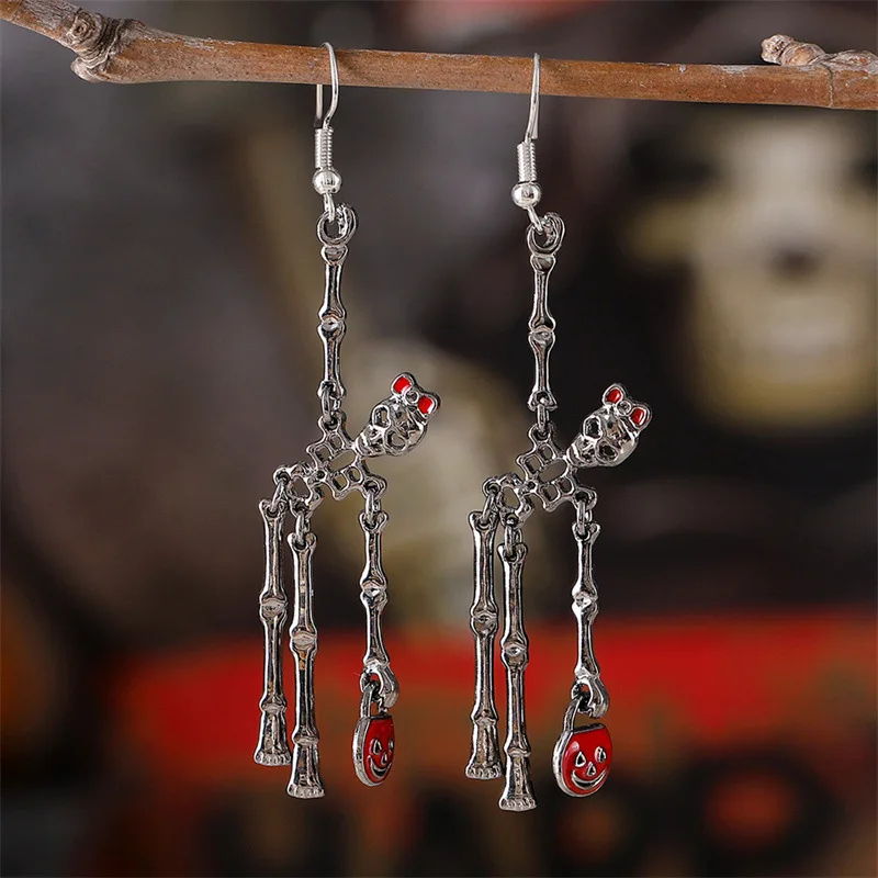 

Exaggerated Skeleton Man Portable Pumpkin Bag Earrings Female, Creative Halloween Human Skeleton Ornament