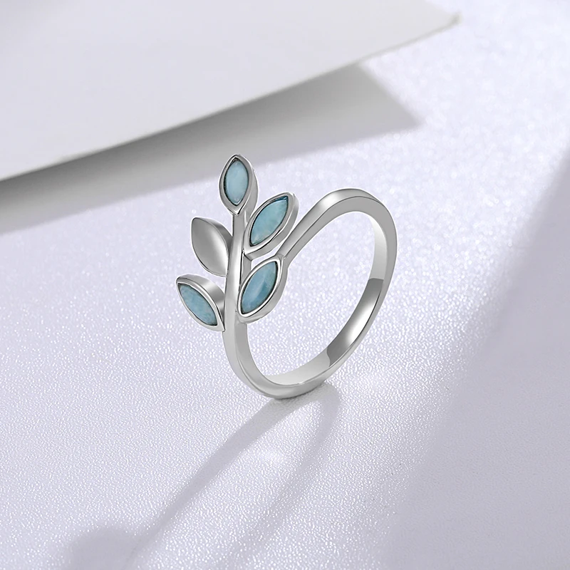 Fashion Natural Precious Stone Larimar 925 Sterling Silver Ring Olive Tree Branch Leaves Ring for Women Charms Jewelry