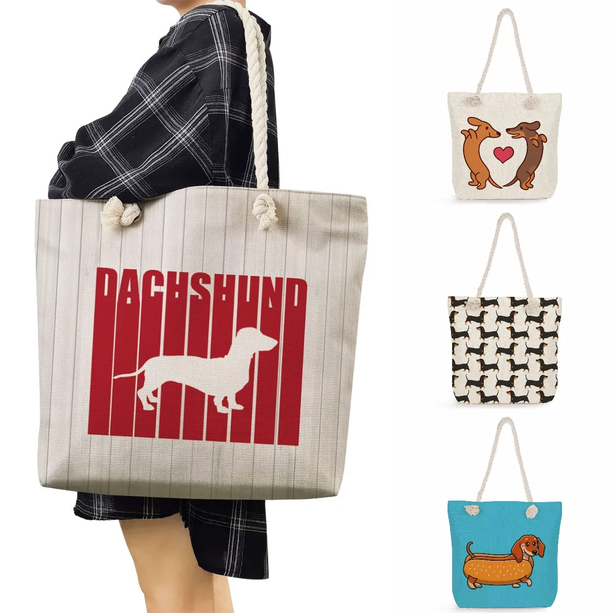 

Eco Reusable Shopping Bags Kawaii Cartoon Animal Dog Tote Dachshund Print Handbags For Women High Capacity Beach Shoulder Bags