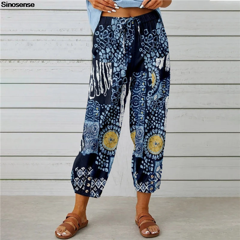 Womens Vintage Print Cotton Linen Summer Palazzo Pants High Waist Drawstring Capri Pants Casual Loose Trouser With Pockets 3XL