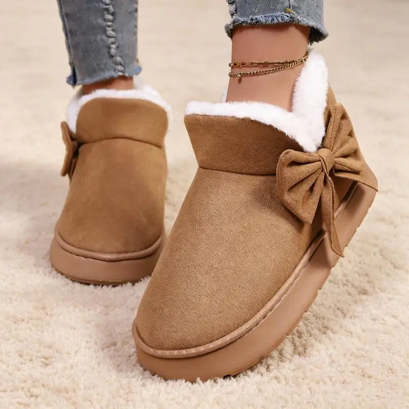Rosa Schleifenstiefel mit Fleecefutter, Plateau-Schneestiefel für Damen, Winter-Outdoor-Stiefel mit dicker Sohle, Slip-On-Kurzstiefel für Damen, Übergrößen-Plüschstiefeletten – Detail 3