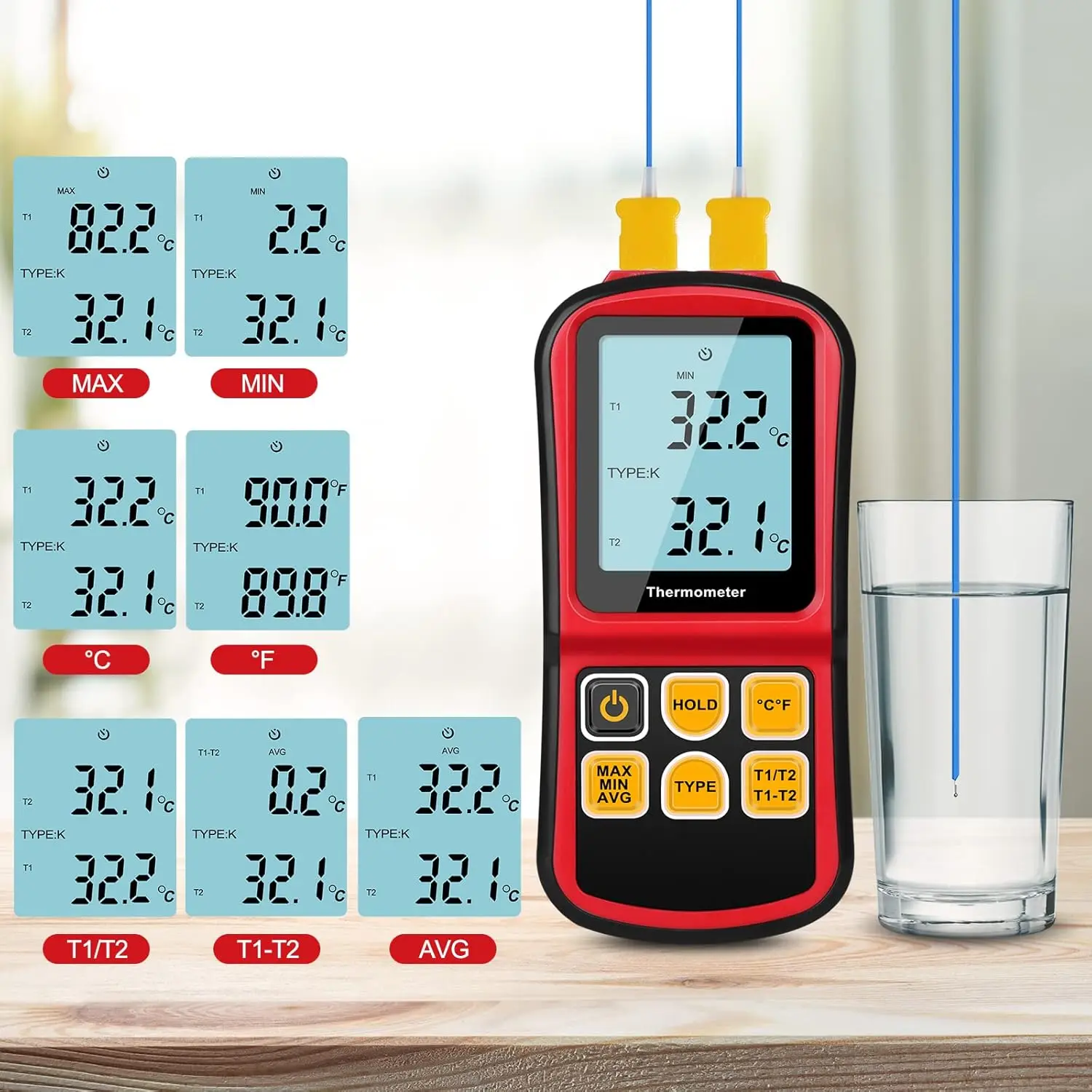 Efficient Digital Thermocouple Thermometer Featuring Dual Channels and Two K Type Probes for Accurate Temperature Readings