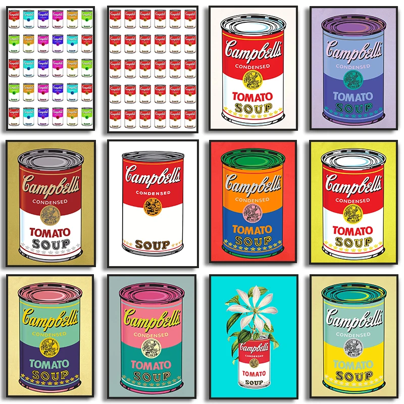 Póster de pintura en lienzo enlatado de sopa de tomate Campbell de la serie Andy Warhol, arte de pared, decoración estética para cafetería, Bar, restaurante y comedor