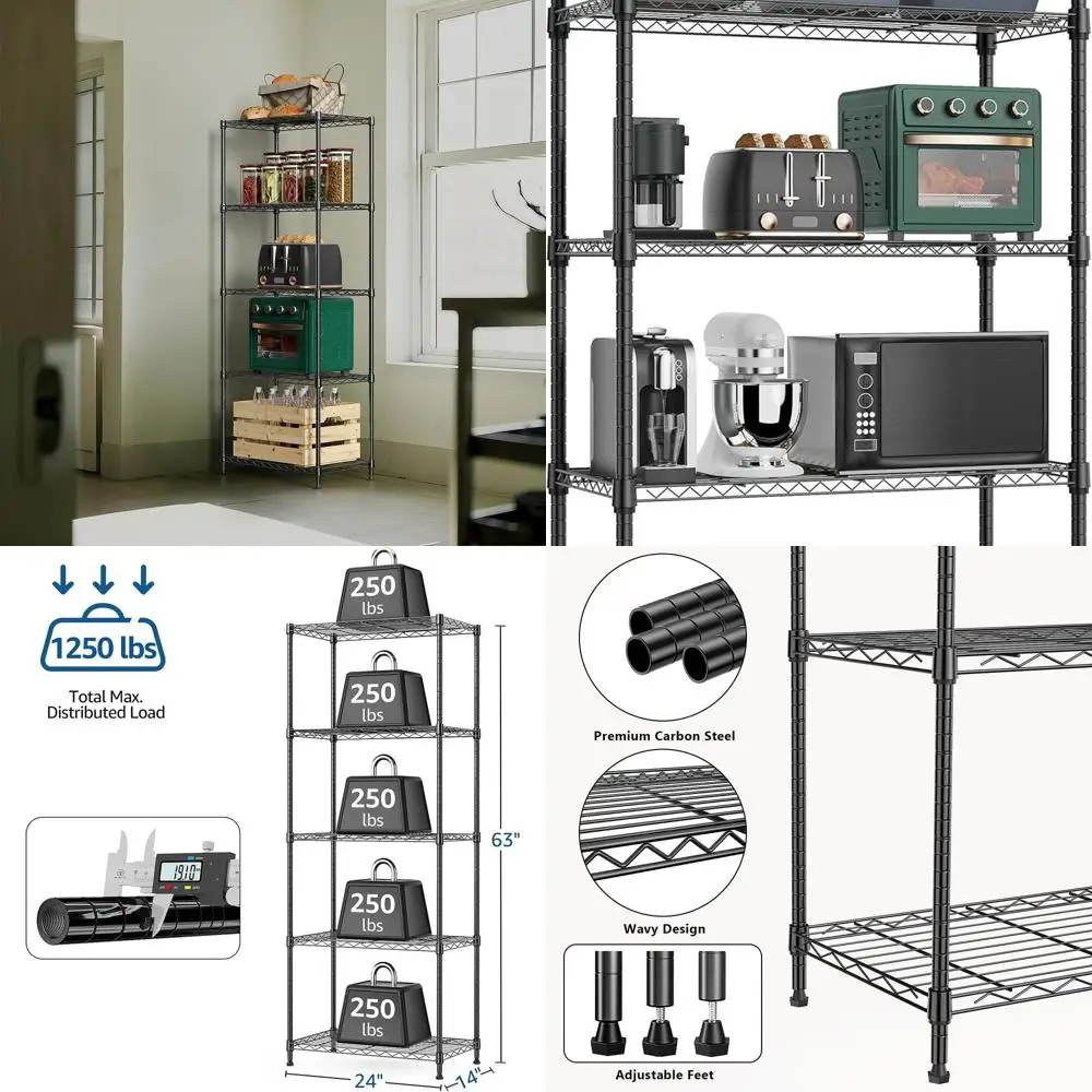 5-Tier Metal Storage Shelves with Wheels, Black, 13.7x23.6x62.4 for Garage, Kitchen, Bathroom, Laundry