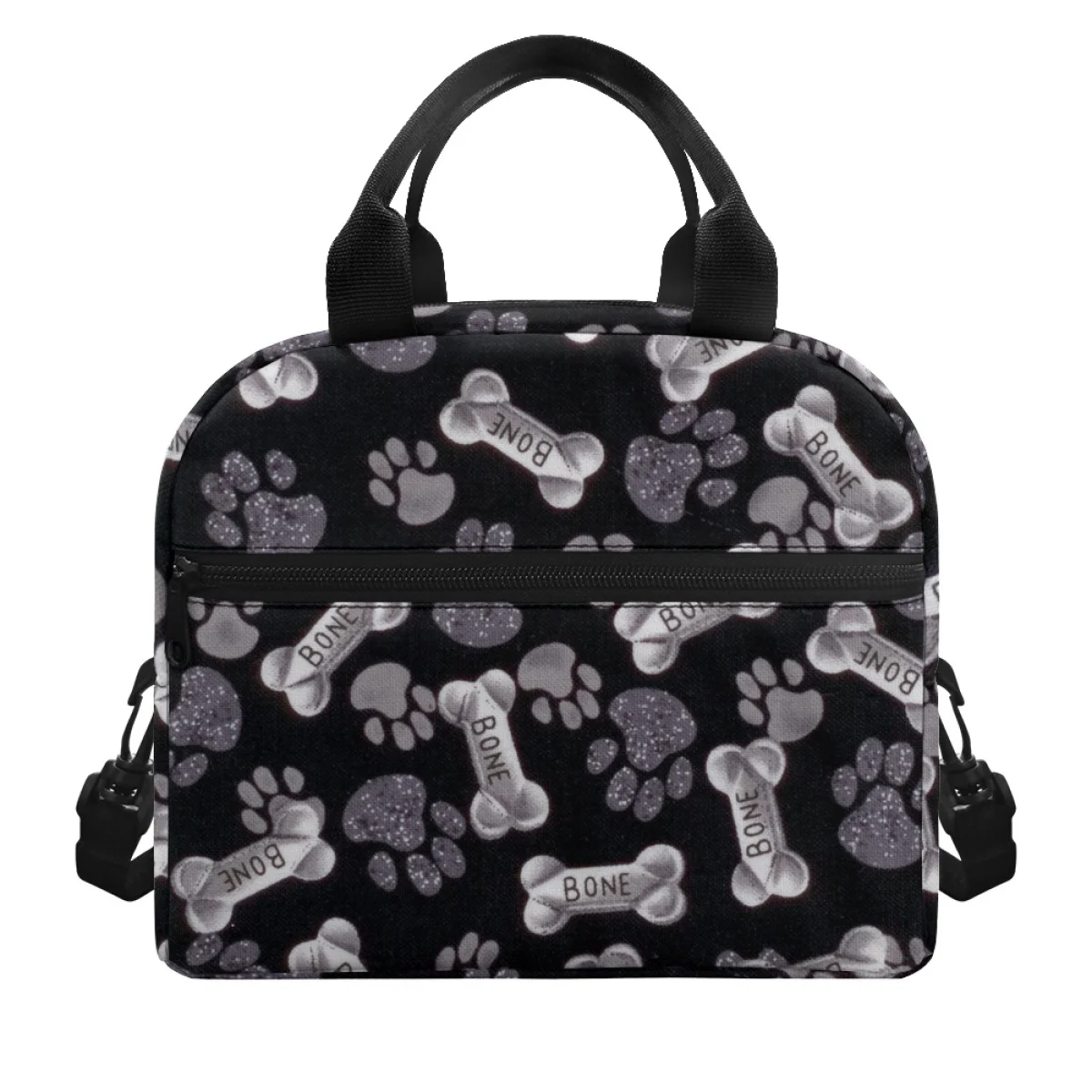 

Fashion Dog Paw Bone Cute Puppy Pattern Double Layer LunchBag Smooth Zipper Strap Sophisticated Durable Insulated Bags Satchel