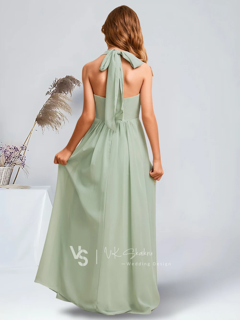 Elegante linha a quadrado até o chão chiffon júnior vestido de dama de honra celadon linda flor vestidos da menina festa de casamento criança dança