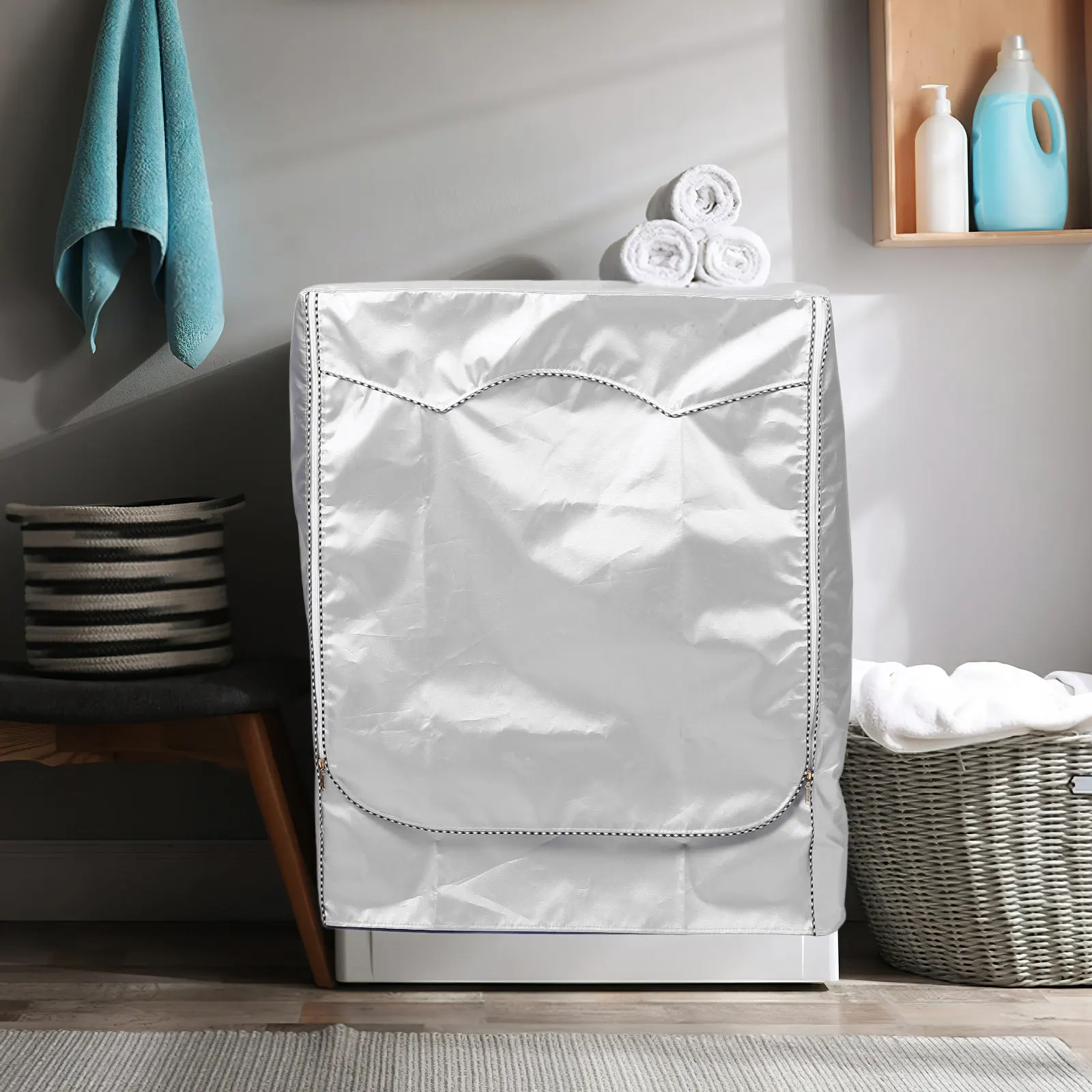 

Washing Machine Cover Waterproof Dustproof Oxford Cloth Silver M Delicate Protector Daily Use Home Appliance Part