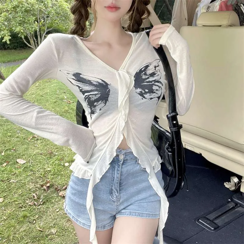 

Sun Protection Y2k Aesthetic Women Cardigan Vintage Butterfly Printing Grunge Tops Harajuku Sexy Irregular Ruffled Pull Femme