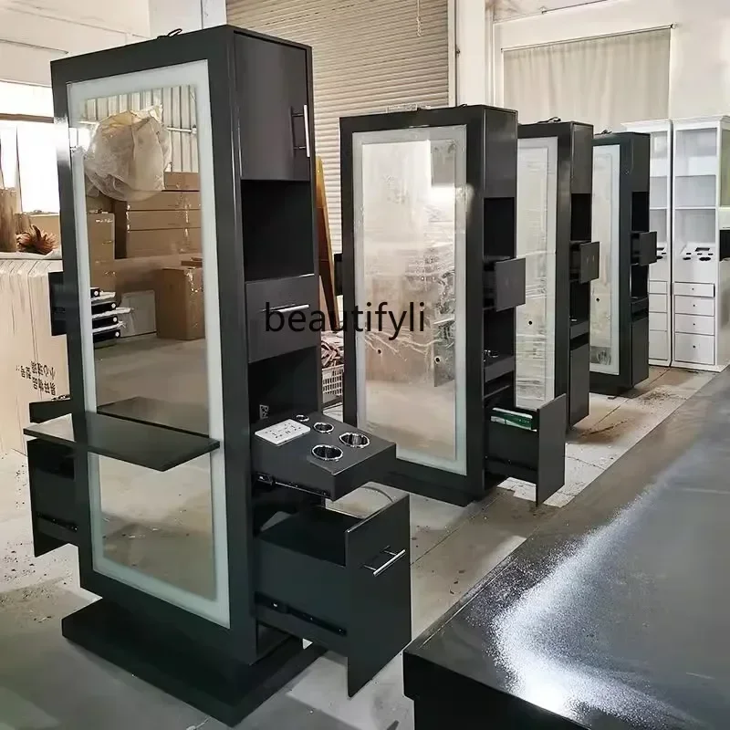 

YH Y NewBarber shop mirror counter cabinet integrated desktop double-sided hairdressing mirror hair salon special makeup with li