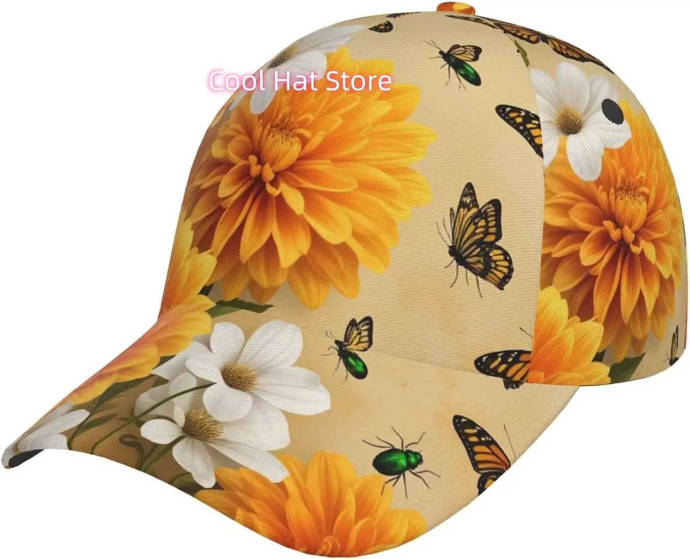 Butterflies On Sunflowers and Daisies Pattern Baseball Cap Adjustable Cotton Baseball Hat for Sports, Outdoor, Travel Gifts for