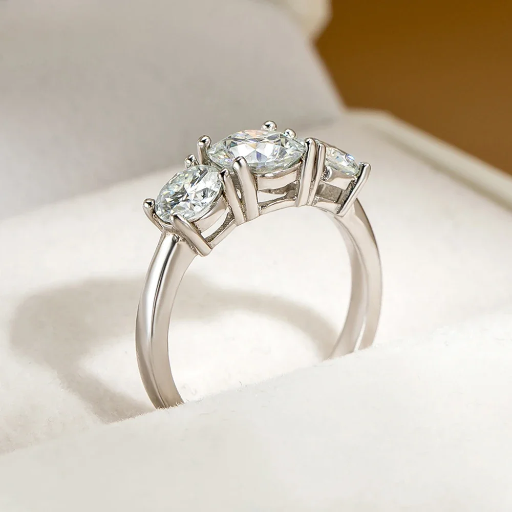 2/4 Carat D Color Moissanite Diamond Rings with GRA Certificate Round Cut Three Stones Ring Engagement Wedding Bands Jewelry