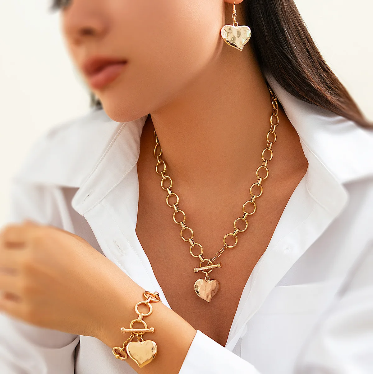 Lava Textured Heart Pendant Necklace with Crinkled Disc and Ring Unique Gold Alloy Lightweight Versatile Jewelry Women Gift