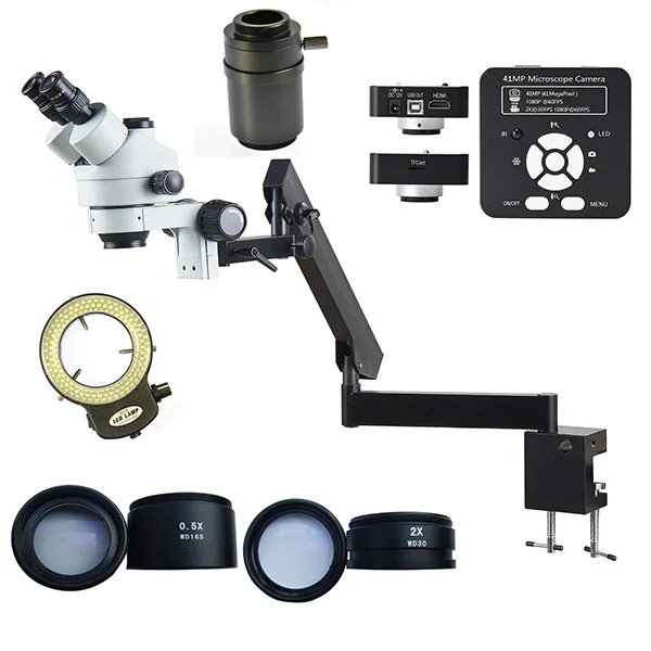

41MP Microscope Camera 3.5X - 90X Simul-Focal Stereo Microscope With Heavy Duty Universal Arm Clamp 144 LED Ring Light
