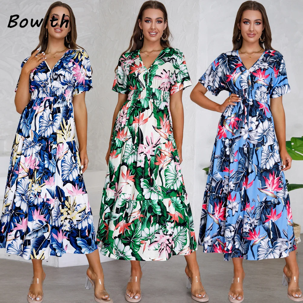 Bowith Beach Holiday Long Dresses Short Sleeves Elegant Wedding Party Bohemian for Women vestidos New Spring Summer 2024